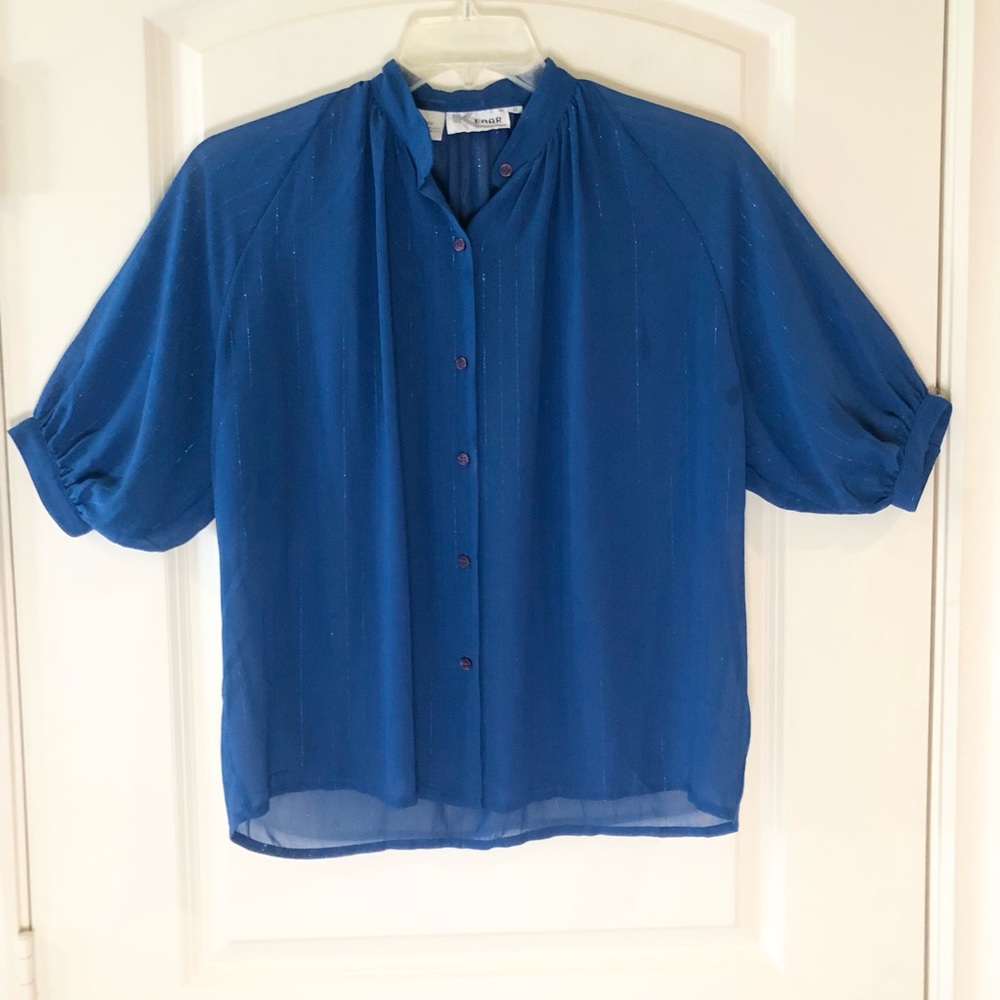 Kenar Vintage Blue Sheer Blouse Metallic Pinstripe Balloon Sleeve Top 6